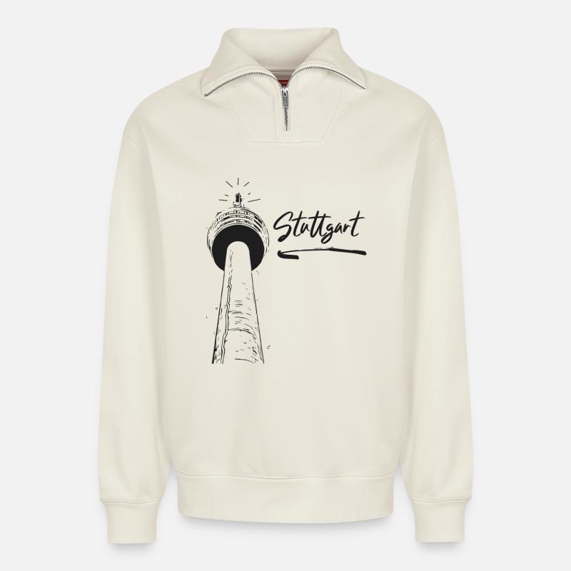 Stuttgart - Stuttgarter Fernsehturm - Relaxed Unisex Organic Half Zip Sweatshirt – von SPREAD - Naturweiß