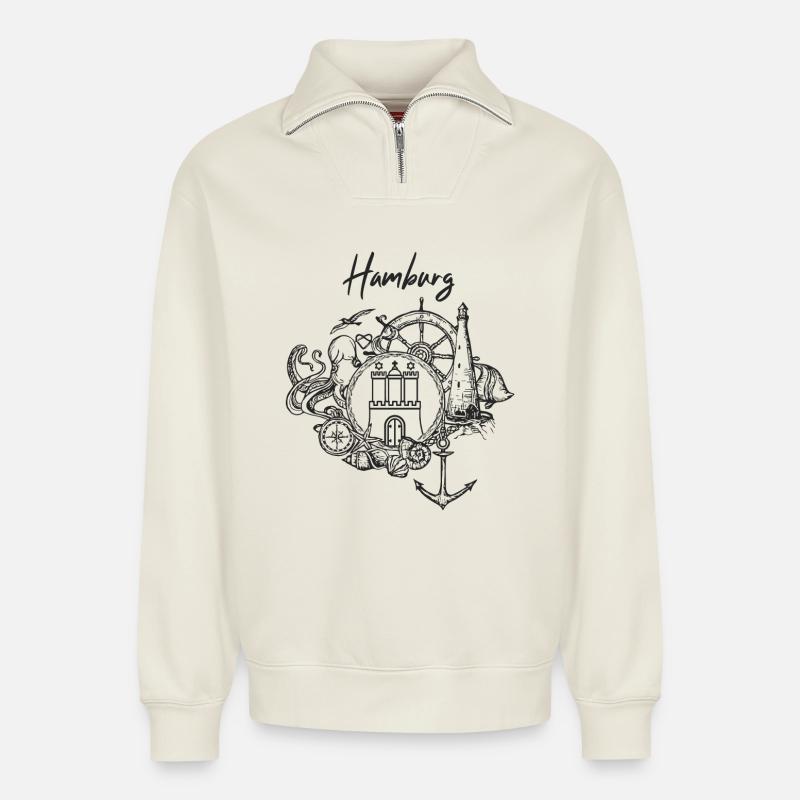 Maritimes Hamburg - Relaxed Unisex Organic Half Zip Sweatshirt – von SPREAD - Naturweiß