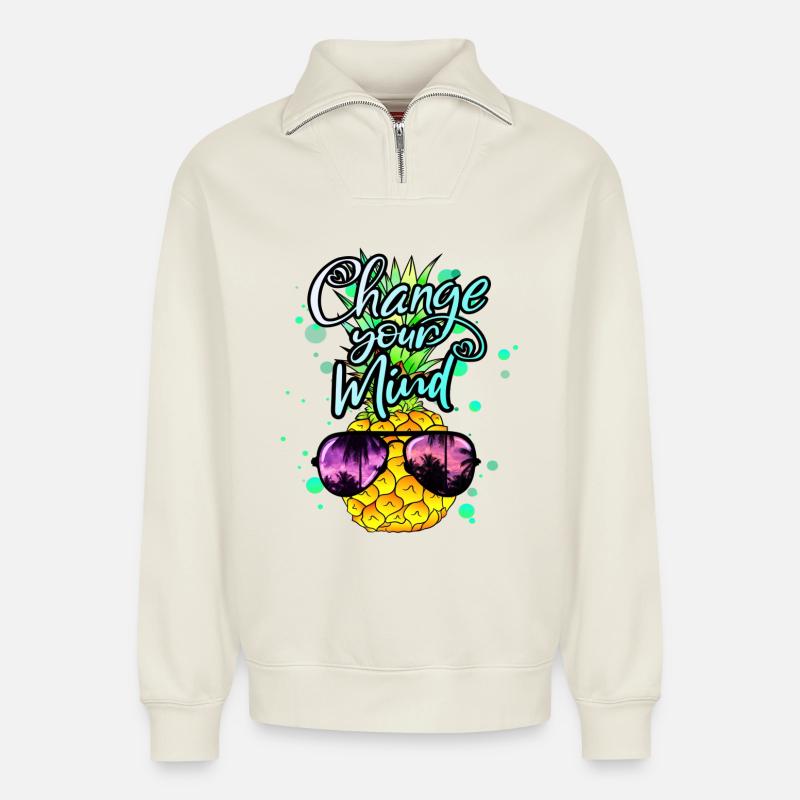 Ananas verändere dein Denken - Relaxed Unisex Organic Half Zip Sweatshirt – von SPREAD - Naturweiß