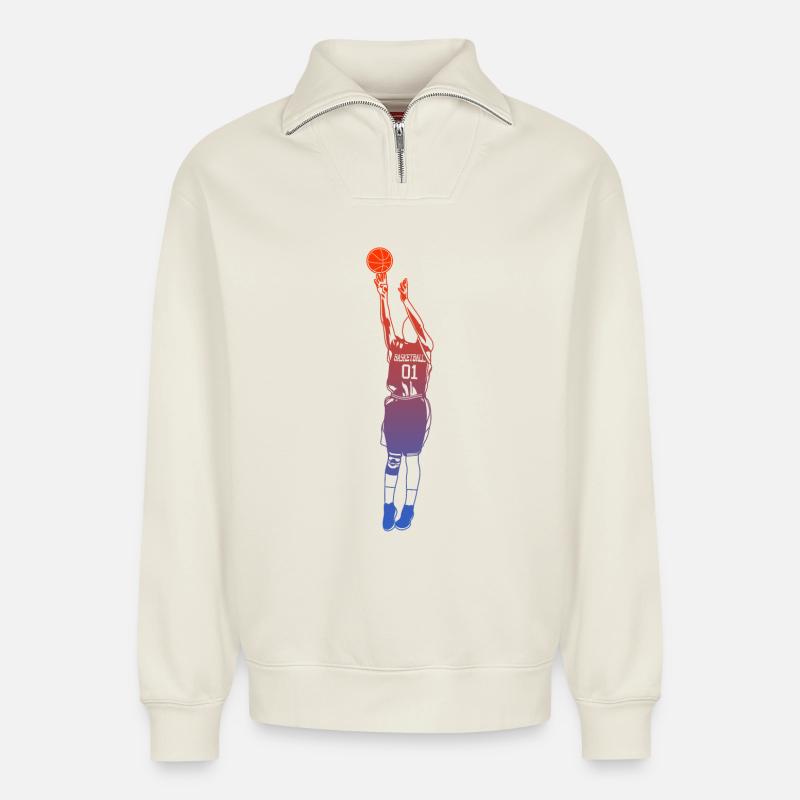 Basketball Dunk - Relaxed Unisex Organic Half Zip Sweatshirt – by SPREAD - off white