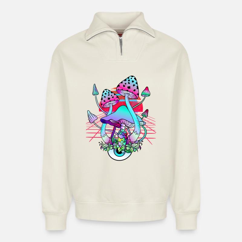 Psychedelische Pilze - Retro Wave Sunset - Relaxed Unisex Organic Half Zip Sweatshirt – von SPREAD - Naturweiß