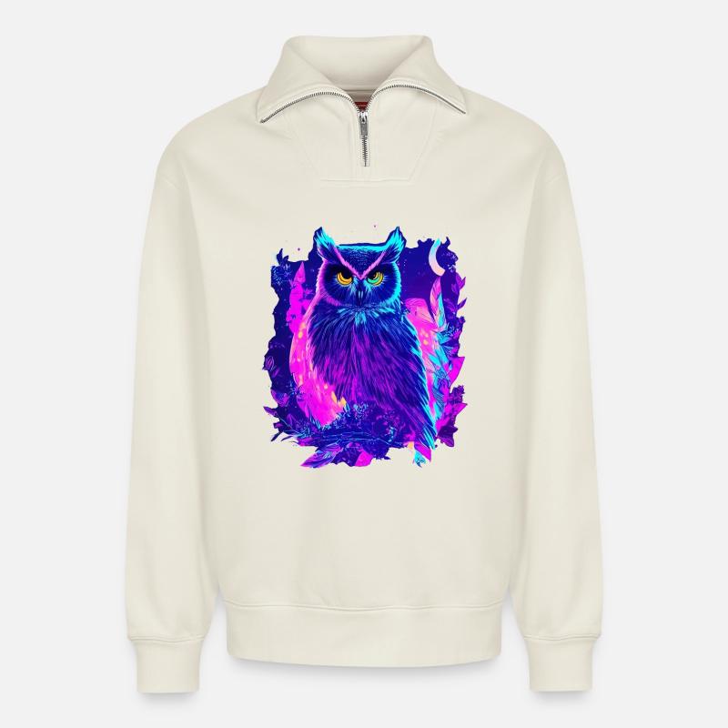 Neon leuchtende Eule Synthwave - Relaxed Unisex Organic Half Zip Sweatshirt – von SPREAD - Naturweiß