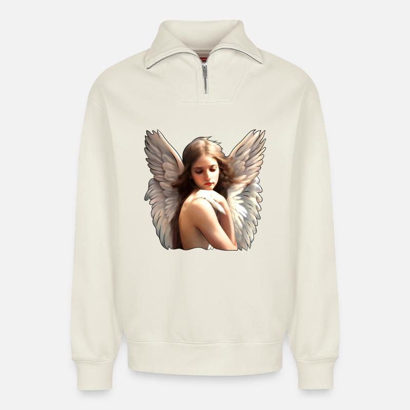 Ange céleste - Sweat unisexe décontracté en coton biologique à demi-zip – de SPREAD - blanc cassé