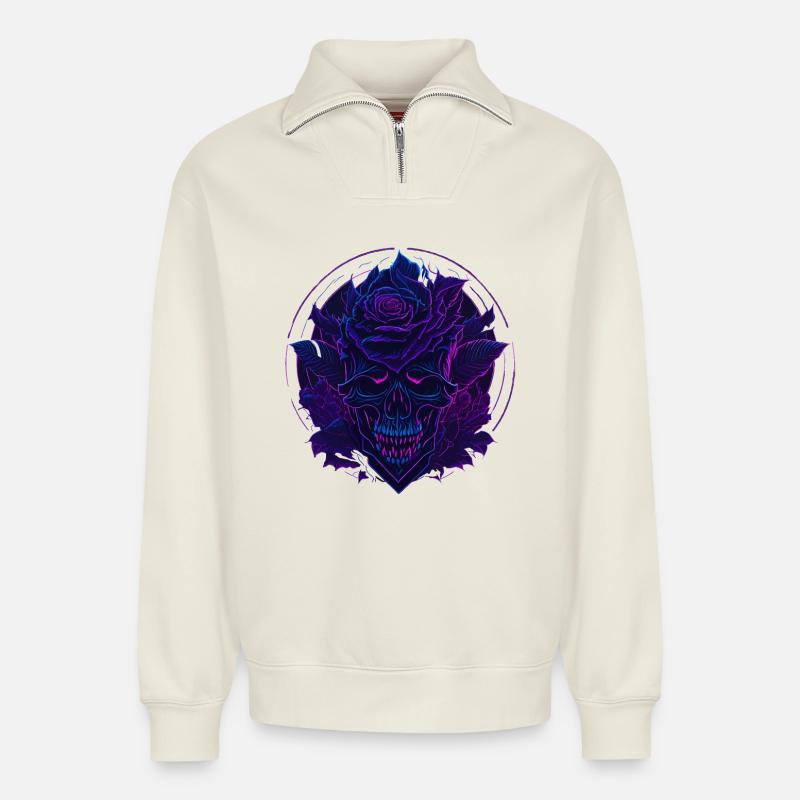 Neon Roses Skull EDM - Sweat unisexe décontracté en coton biologique à demi-zip – de SPREAD - blanc cassé