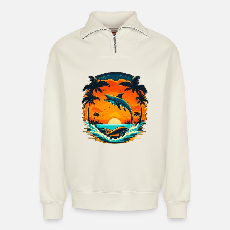 Delphin Sommer Sunset - Relaxed Unisex Organic Half Zip Sweatshirt – von SPREAD - Naturweiß