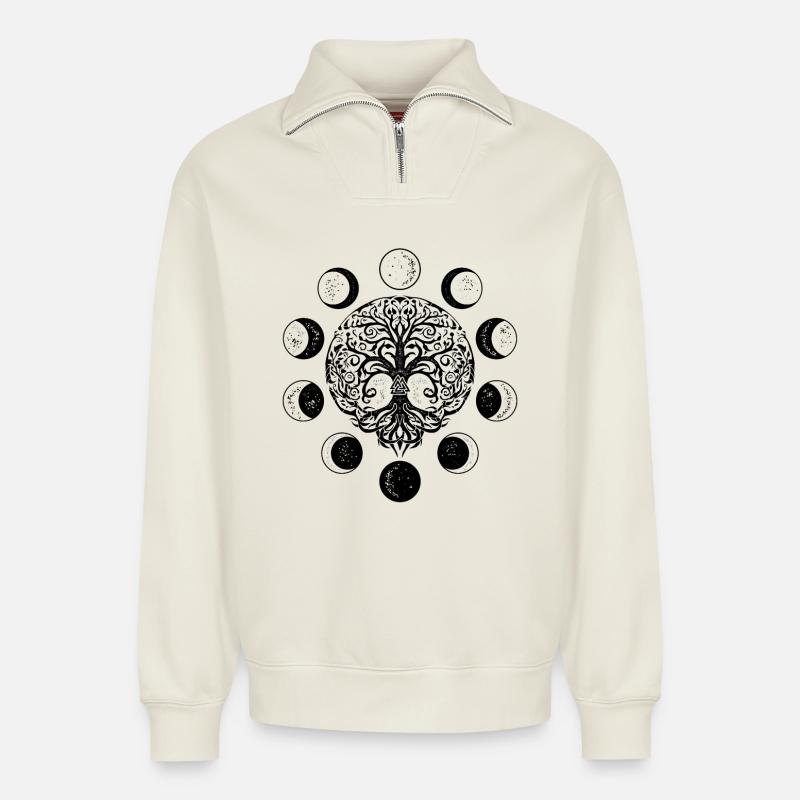 Ygdrassil Mondphasen Witchcraft Occult Lebensbaum - Relaxed Unisex Organic Half Zip Sweatshirt – von SPREAD - Naturweiß