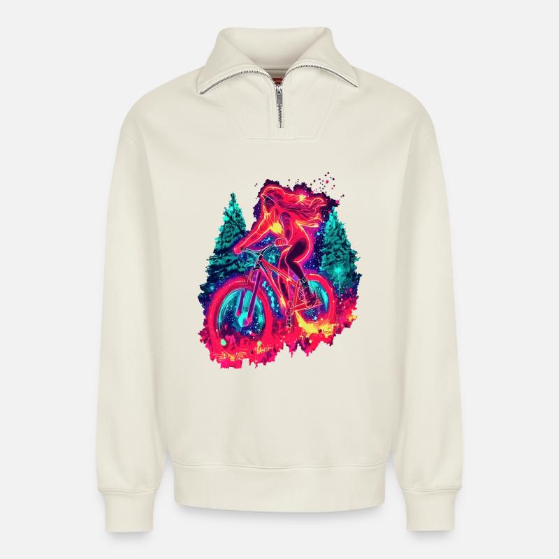 Synthwave Mountainbike Mädchen Waldfahrt - Relaxed Unisex Organic Half Zip Sweatshirt – von SPREAD - Naturweiß