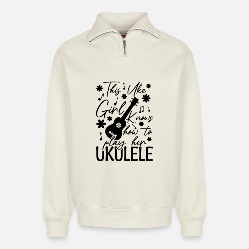 Ukulele Mädchen - Relaxed Unisex Organic Half Zip Sweatshirt – von SPREAD - Naturweiß