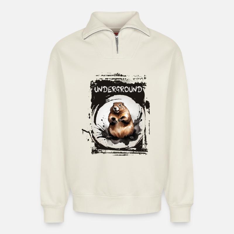 Underground Murmeltier - Relaxed Unisex Organic Half Zip Sweatshirt – von SPREAD - Naturweiß