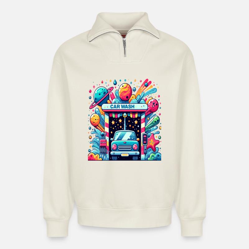 Auto Waschanlage Comic Style - Relaxed Unisex Organic Half Zip Sweatshirt – von SPREAD - Naturweiß