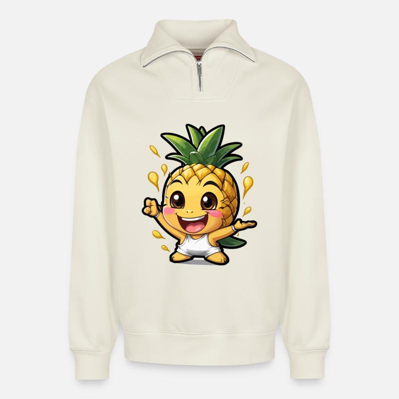 Drôle de bébé ananas - Sweat unisexe décontracté en coton biologique à demi-zip – de SPREAD - blanc cassé