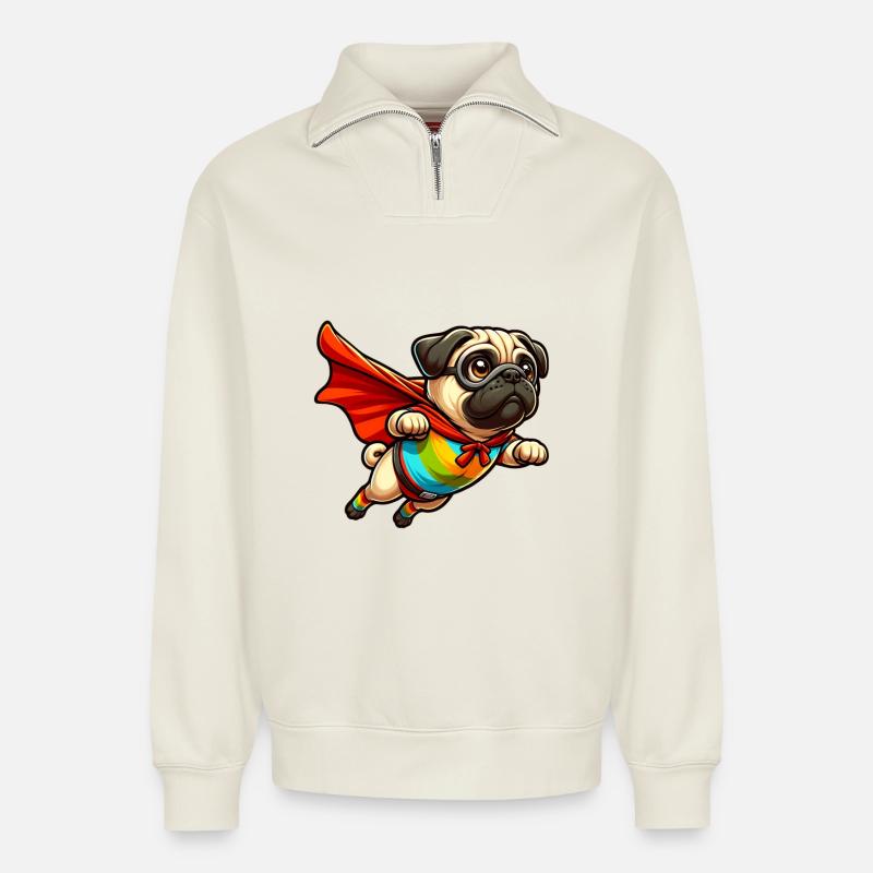 Superhelden-Mops - Relaxed Unisex Organic Half Zip Sweatshirt – von SPREAD - Naturweiß