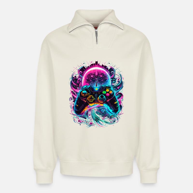 Synthwave Cyberpunk Gaming Controller - Relaxed Unisex Organic Half Zip Sweatshirt – von SPREAD - Naturweiß
