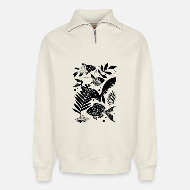 Fischen Comic - Relaxed Unisex Organic Half Zip Sweatshirt – von SPREAD - Naturweiß