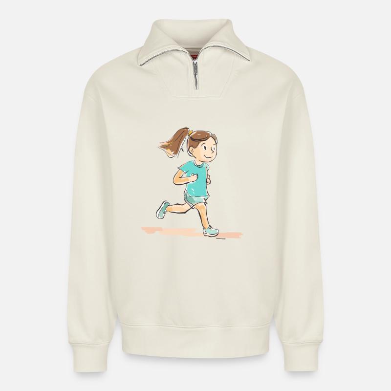 Läuferin Comic Look - Relaxed Unisex Organic Half Zip Sweatshirt – von SPREAD - Naturweiß