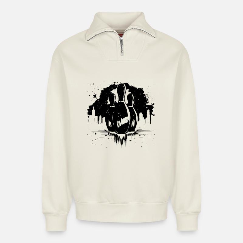 Graphiques de bowling - Sweat unisexe décontracté en coton biologique à demi-zip – de SPREAD - blanc cassé