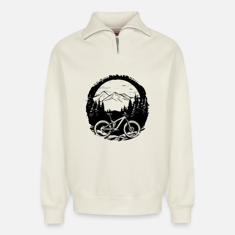 Mountainbiker Zeichnung - Relaxed Unisex Organic Half Zip Sweatshirt – von SPREAD - Naturweiß