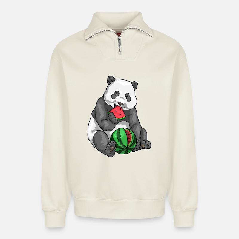 Panda Wassermelone - Relaxed Unisex Organic Half Zip Sweatshirt – von SPREAD - Naturweiß