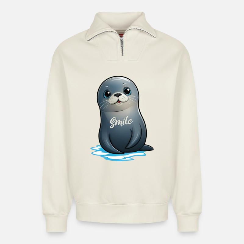Phoque mignon - Sweat unisexe décontracté en coton biologique à demi-zip – de SPREAD - blanc cassé