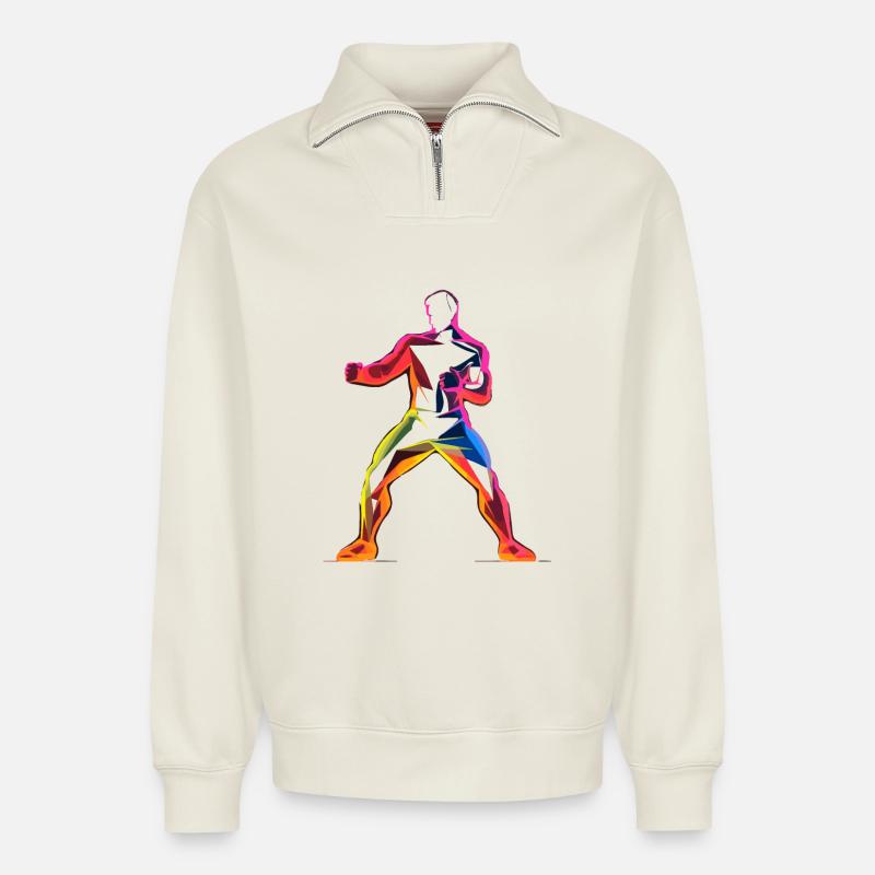 Kickboxer Cartoon Stil - Relaxed Unisex Organic Half Zip Sweatshirt – von SPREAD - Naturweiß