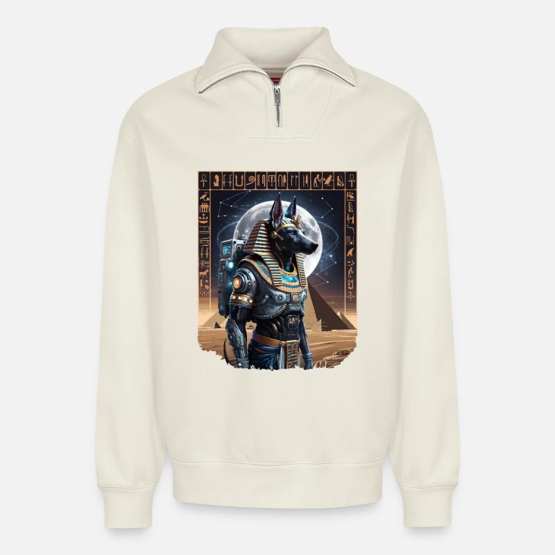 Ancien Anubis Astronaute Sci-Fi Design - Sweat unisexe décontracté en coton biologique à demi-zip – de SPREAD - blanc cassé