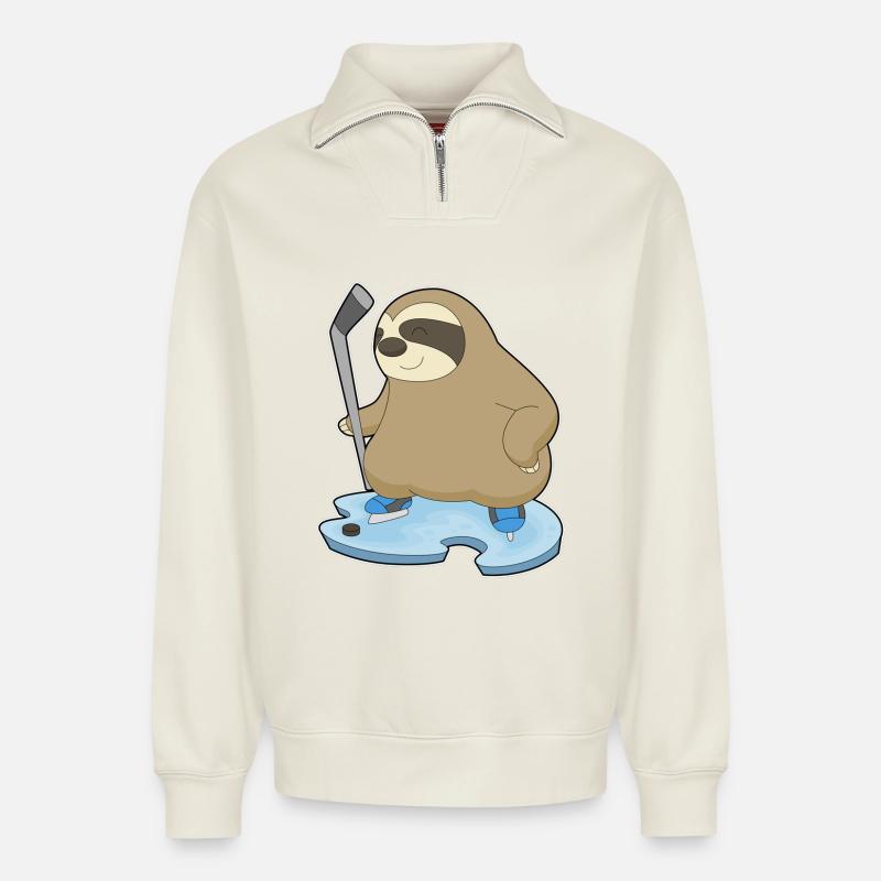 Faultier Eishockey Eishockeyschläger - Relaxed Unisex Organic Half Zip Sweatshirt – von SPREAD - Naturweiß