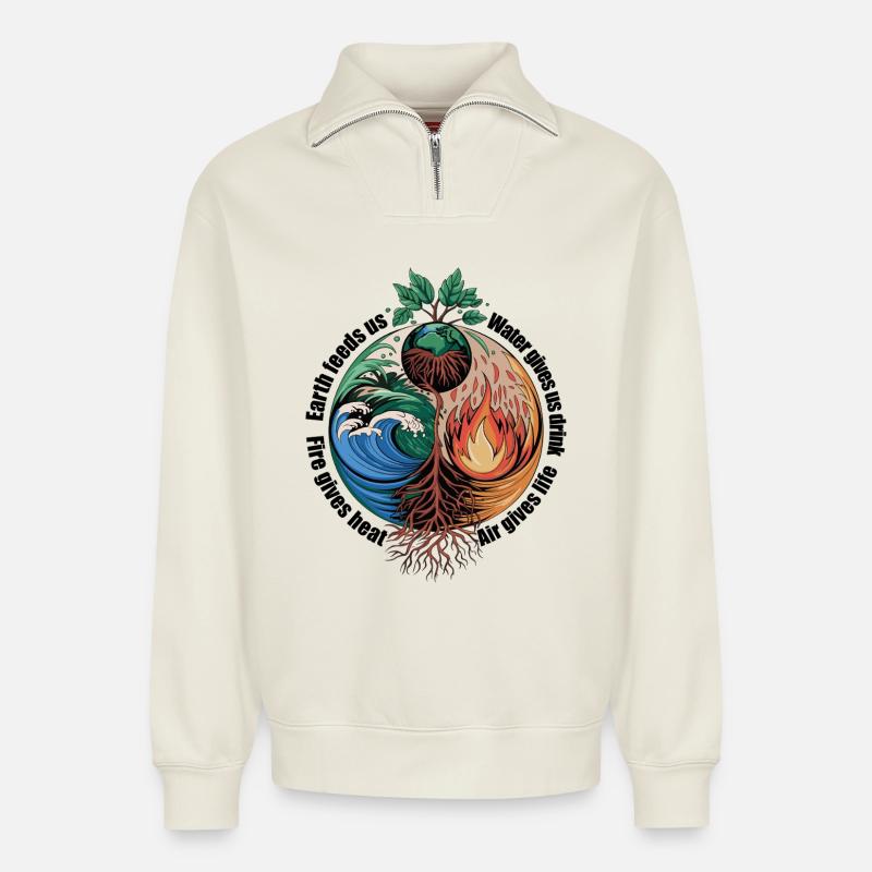 Vier-Elemente-Baum - Erde, Wasser, Feuer, Luft - Relaxed Unisex Organic Half Zip Sweatshirt – von SPREAD - Naturweiß