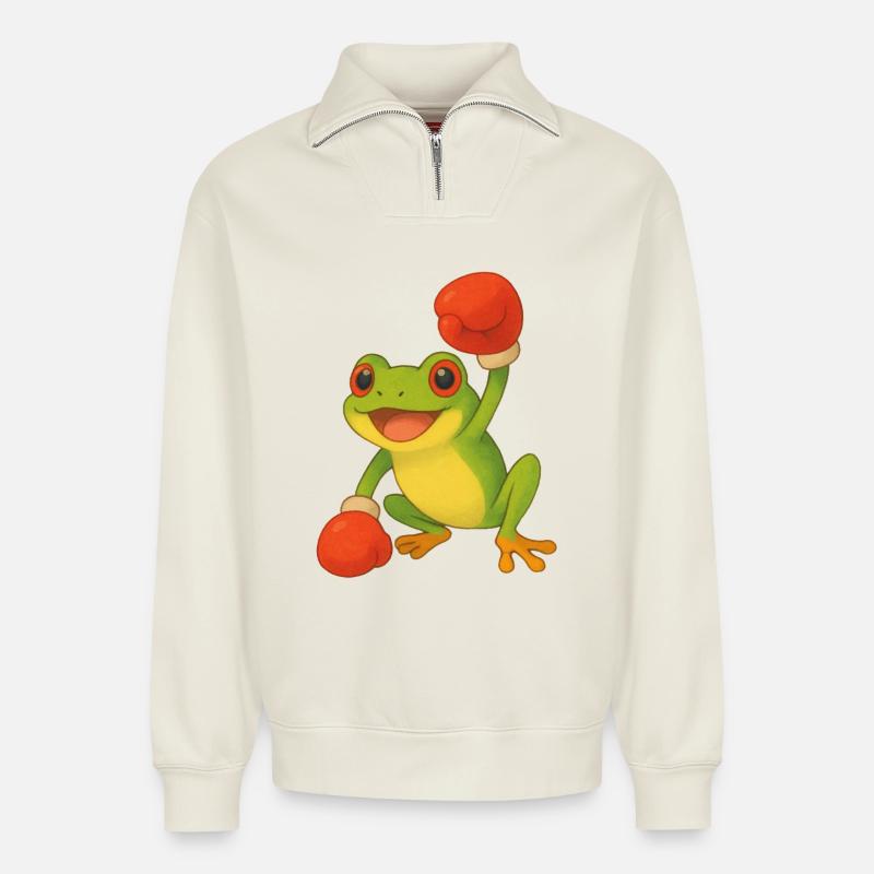 Frosch mit Boxhandschuhen - Relaxed Unisex Organic Half Zip Sweatshirt – von SPREAD - Naturweiß