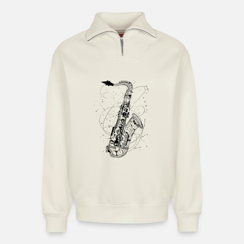 Dessin de saxophone - Sweat unisexe décontracté en coton biologique à demi-zip – de SPREAD - blanc cassé