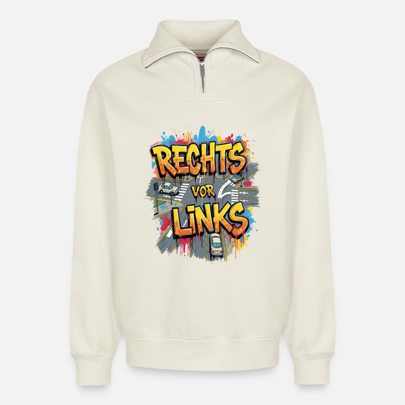 Rechts Vor Links -Graffiti Style - Relaxed Unisex Organic Half Zip Sweatshirt – von SPREAD - Naturweiß