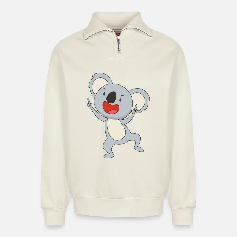 Koala dansant Joy - Sweat unisexe décontracté en coton biologique à demi-zip – de SPREAD - blanc cassé