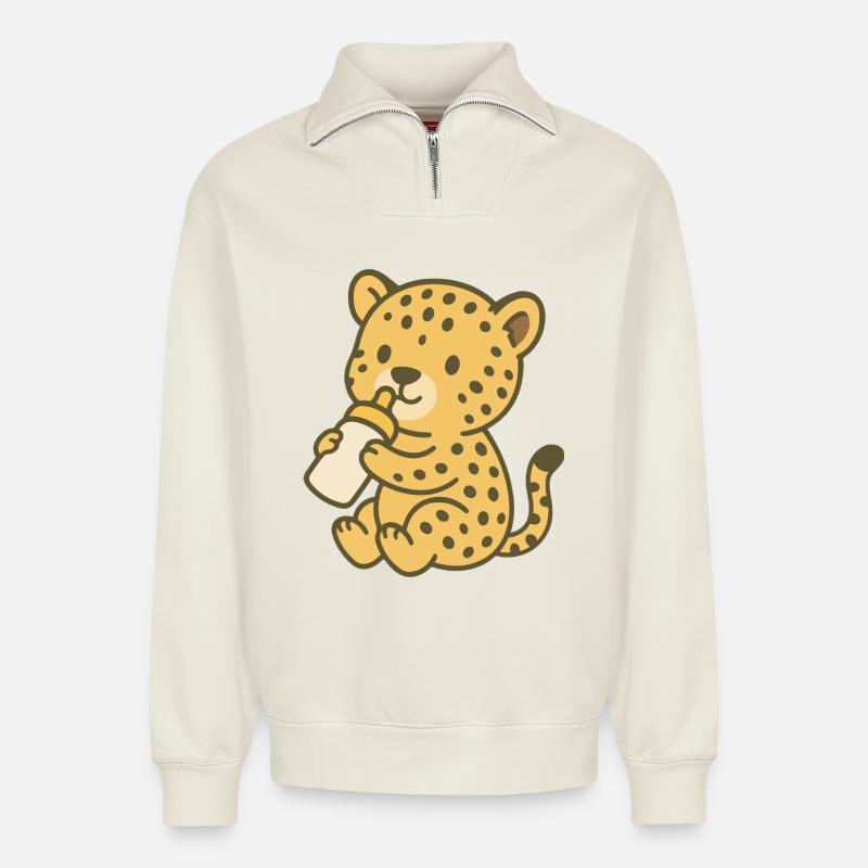 Bébé guépard avec biberon - Sweat unisexe décontracté en coton biologique à demi-zip – de SPREAD - blanc cassé