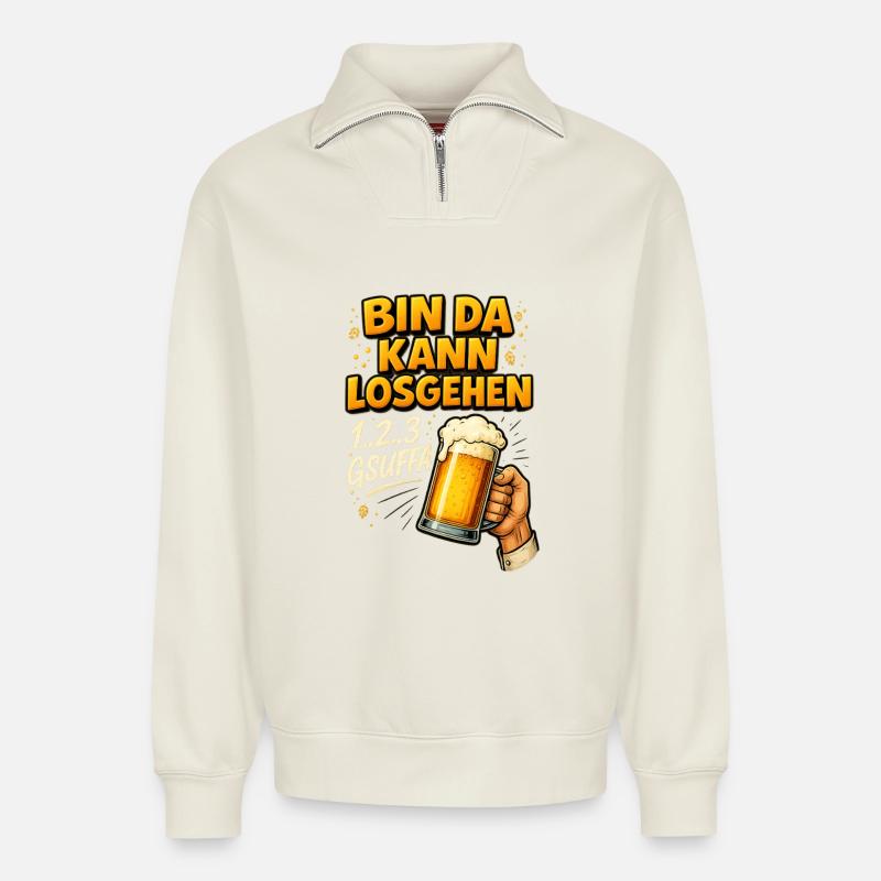 Bin da kann losgehen - Relaxed Unisex Organic Half Zip Sweatshirt – von SPREAD - Naturweiß