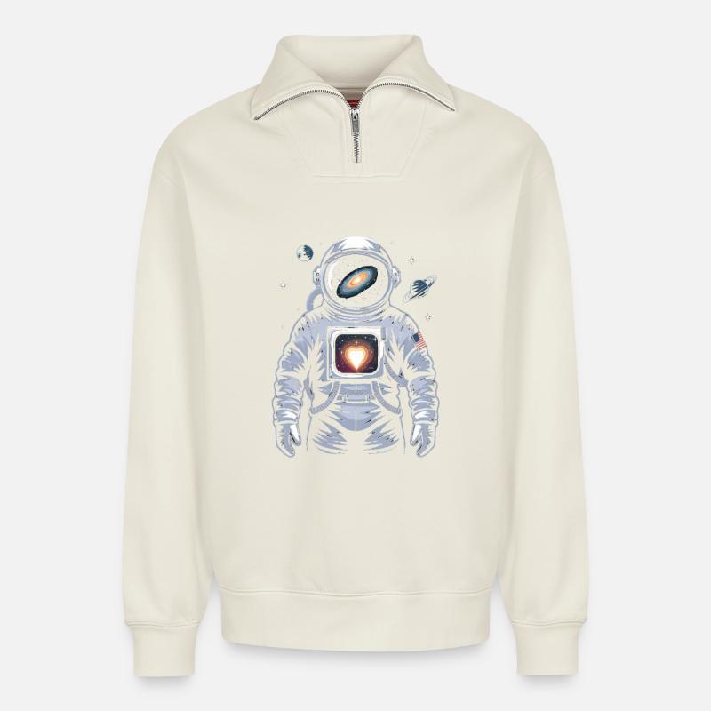 Conception d’astronaute de cœur de l’espace - Sweat unisexe décontracté en coton biologique à demi-zip – de SPREAD - blanc cassé