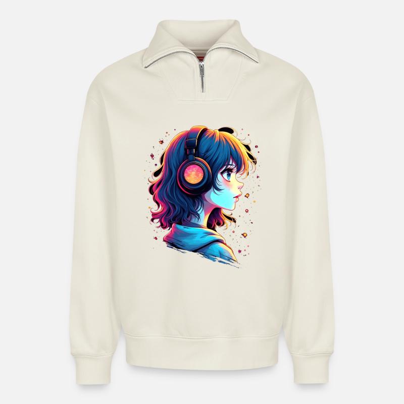 Neon Anime Portrait mit Kopfhörern - Relaxed Unisex Organic Half Zip Sweatshirt – von SPREAD - Naturweiß