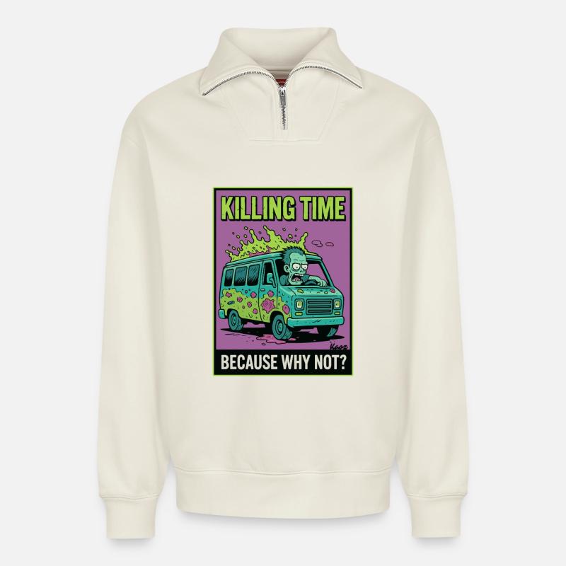 Zombie Van Survival Illustration - Relaxed Unisex Organic Half Zip Sweatshirt – von SPREAD - Naturweiß