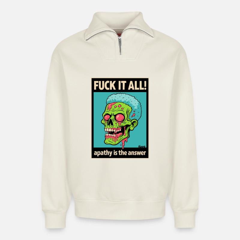 Zombie Totenschädel mit mutigem Statement - Relaxed Unisex Organic Half Zip Sweatshirt – von SPREAD - Naturweiß