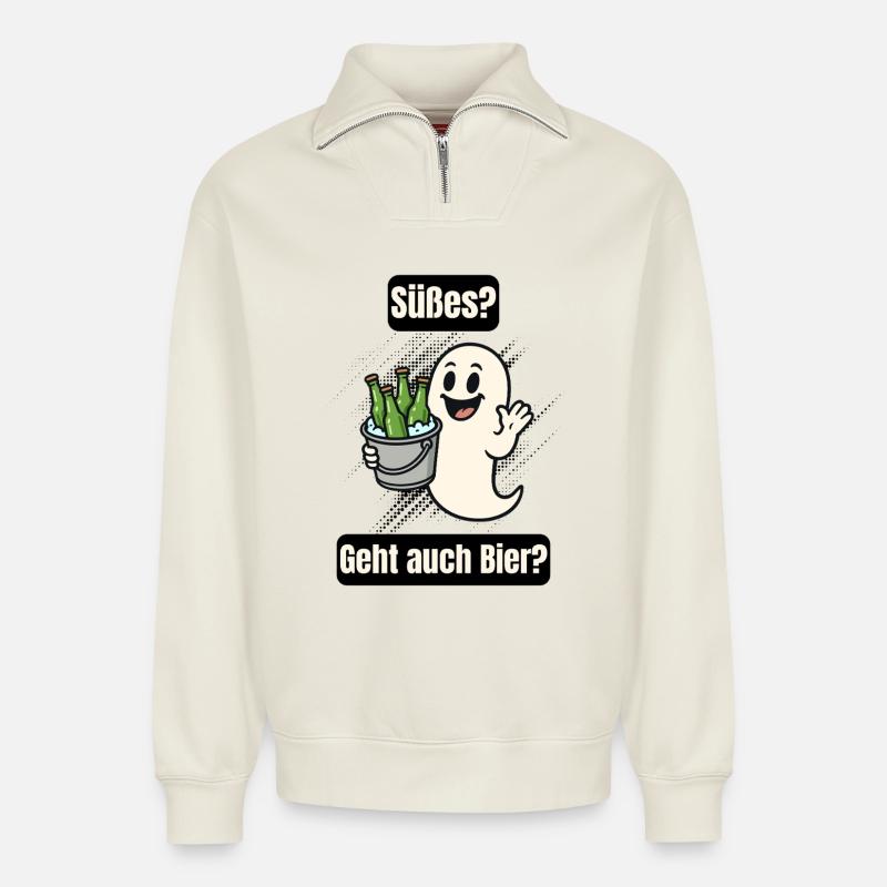 Süßer Geist mit Bier - Relaxed Unisex Organic Half Zip Sweatshirt – von SPREAD - Naturweiß