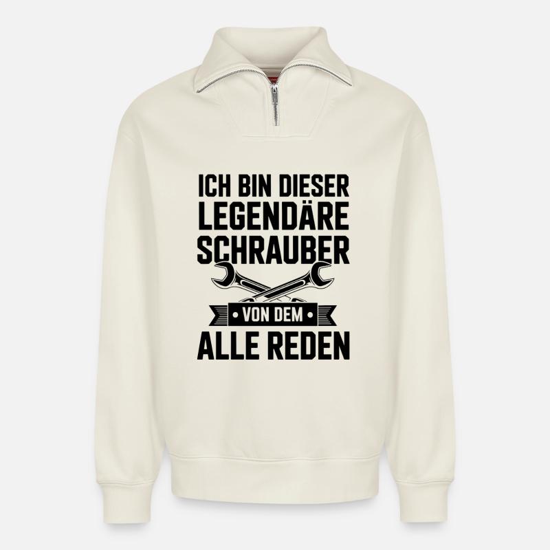 Legendäre Schrauber - Relaxed Unisex Organic Half Zip Sweatshirt – von SPREAD - Naturweiß