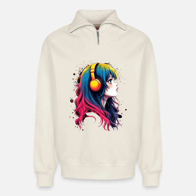 Farbiger Anime-Charakter mit Kopfhörer - Relaxed Unisex Organic Half Zip Sweatshirt – von SPREAD - Naturweiß