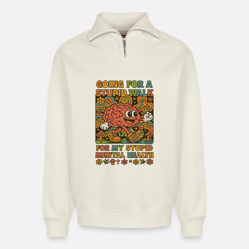 Stupid Walking Brain Retro Psychedelisch - Relaxed Unisex Organic Half Zip Sweatshirt – von SPREAD - Naturweiß