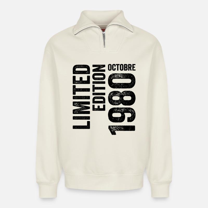 1980 - Relaxed Unisex Organic Half Zip Sweatshirt – by SPREAD - off white
