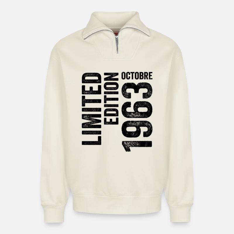 1963  - Relaxed Unisex Organic Half Zip Sweatshirt – von SPREAD - Naturweiß