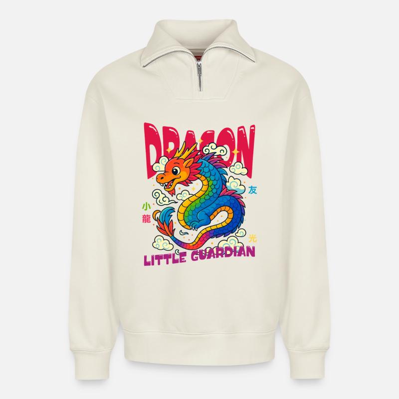 Regenbogen Drache - Kleiner Wächter - Relaxed Unisex Organic Half Zip Sweatshirt – von SPREAD - Naturweiß