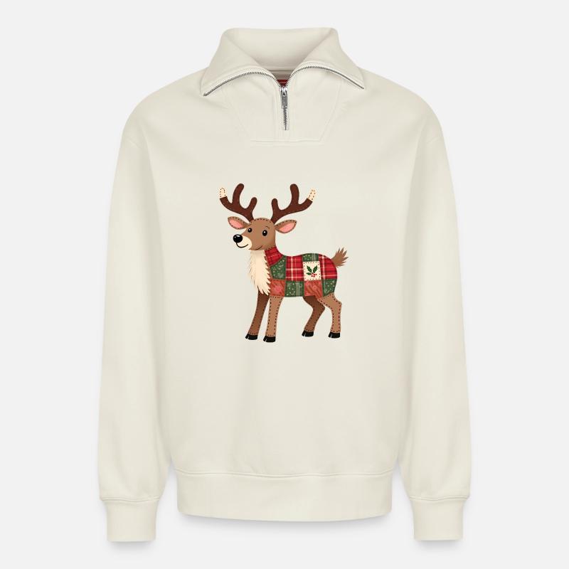 Patchwork Rentier Weihnacht - Relaxed Unisex Organic Half Zip Sweatshirt – von SPREAD - Naturweiß