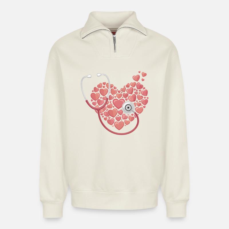 Herzstethoskop Herzen Muster - Relaxed Unisex Organic Half Zip Sweatshirt – von SPREAD - Naturweiß