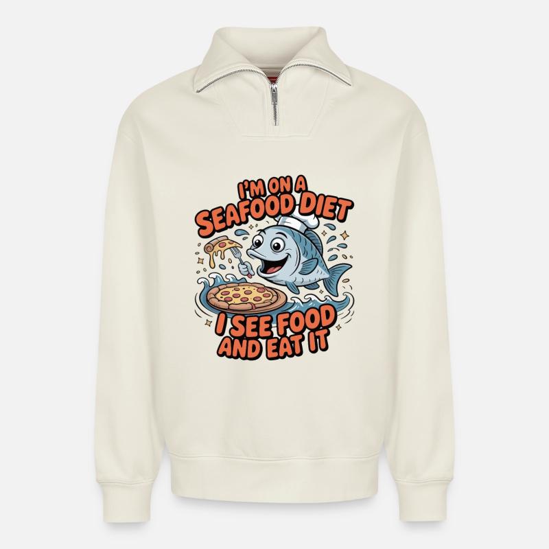 Meeresfrüchte Pizza Witz - Relaxed Unisex Organic Half Zip Sweatshirt – von SPREAD - Naturweiß