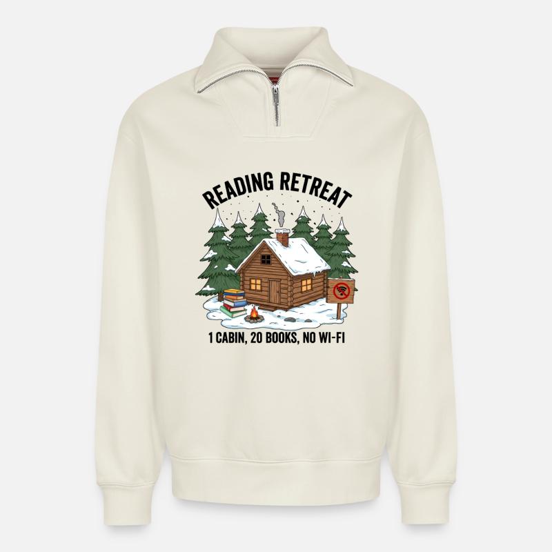 Winterhütte Leseabend - Relaxed Unisex Organic Half Zip Sweatshirt – von SPREAD - Naturweiß