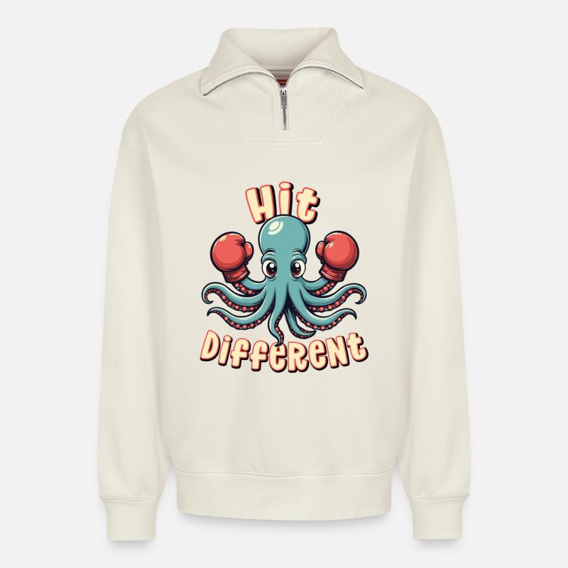 Frapper différemment - Sweat unisexe décontracté en coton biologique à demi-zip – de SPREAD - blanc cassé