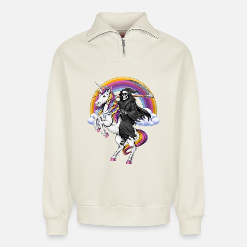 Sensenmann reitet Einhorn - Relaxed Unisex Organic Half Zip Sweatshirt – von SPREAD - Naturweiß